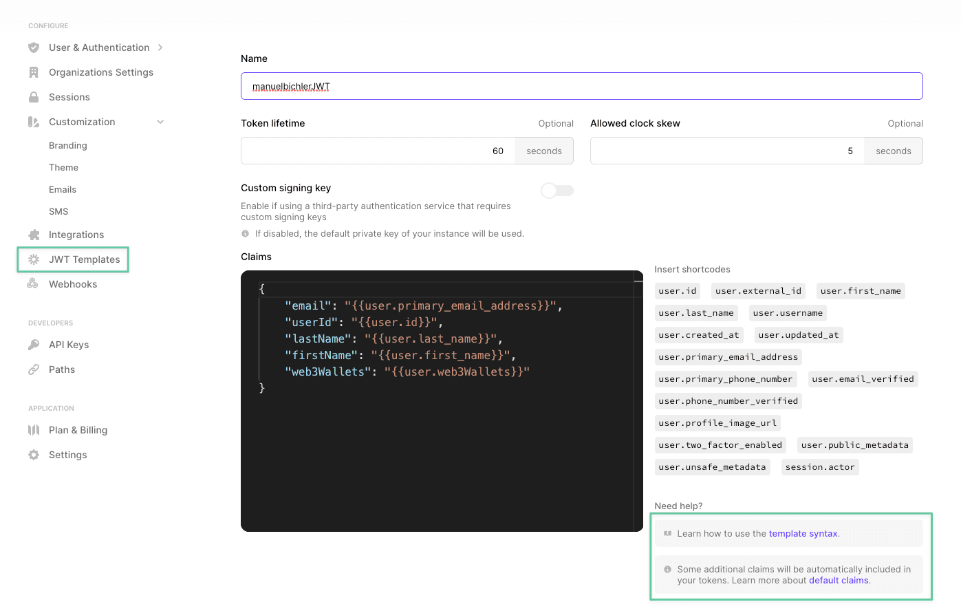 clerk custom jwt